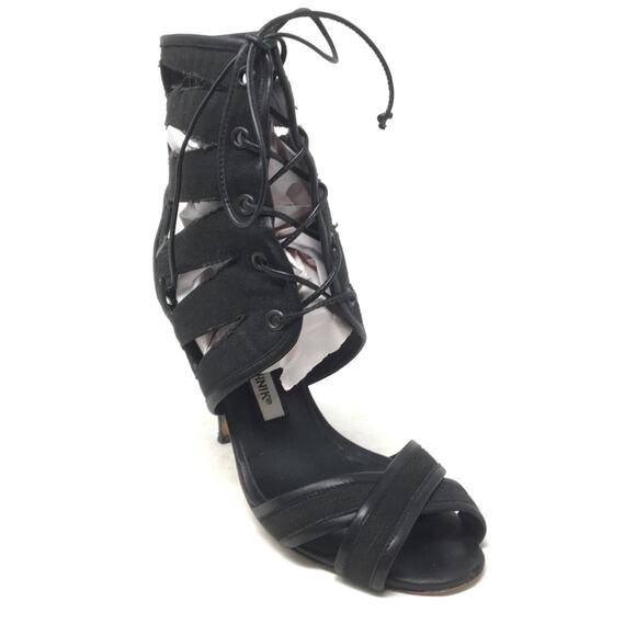 Manolo Blahnik Women's Sz 6.5/36 1/2 Black Canvas Cut Out Strappy Lace Up Pumps - Picture 1 of 7